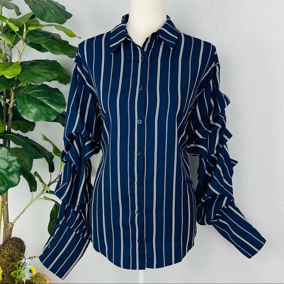 MARONIE BLUE & White Striped Collar Scrunch Long Sleeve Button Down Collar Top - Picture 2 of 7
